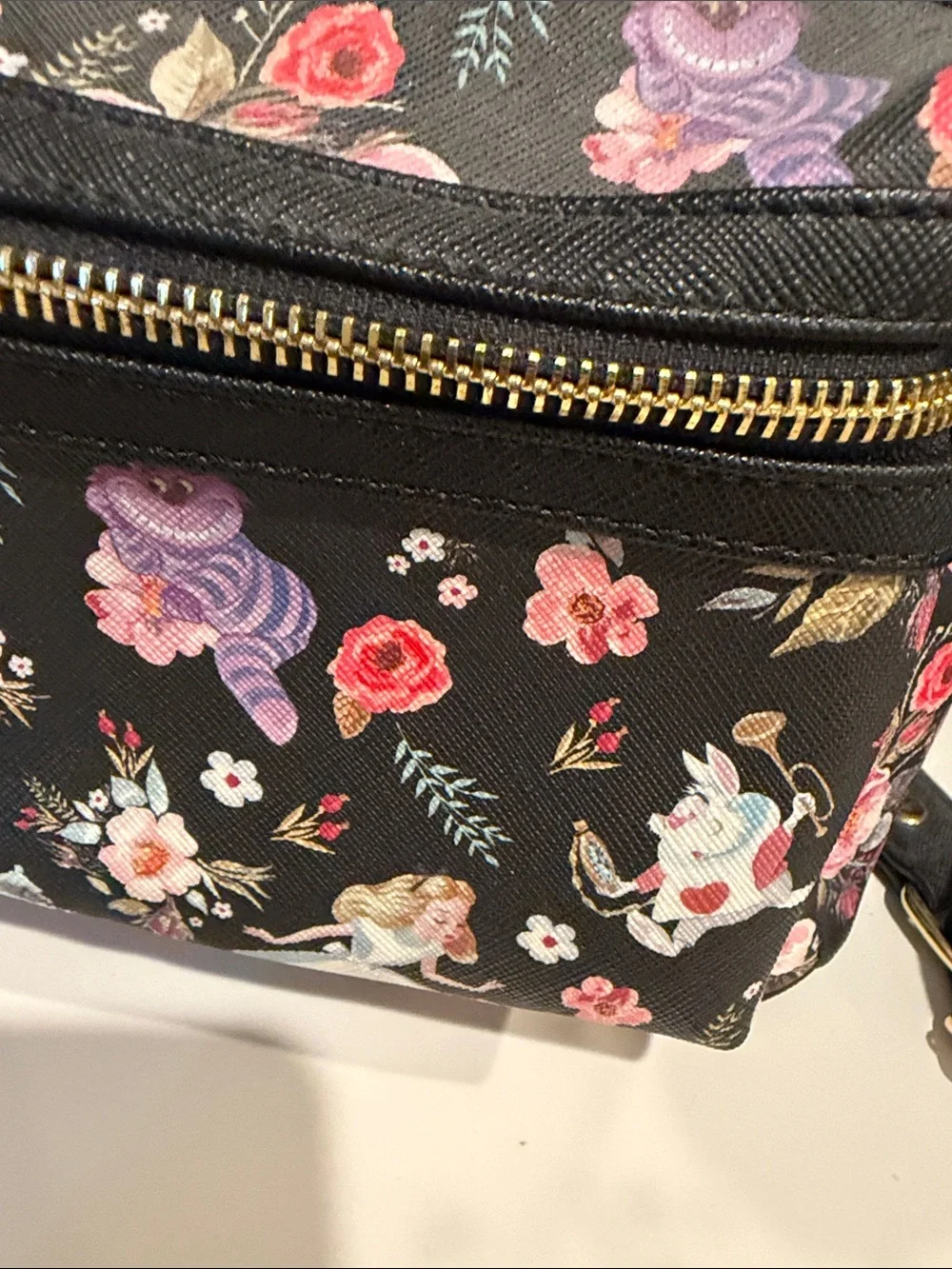 Loungefly Black Floral Disney Mini Alvin’s in Wonder Backpack with Gold Hardware